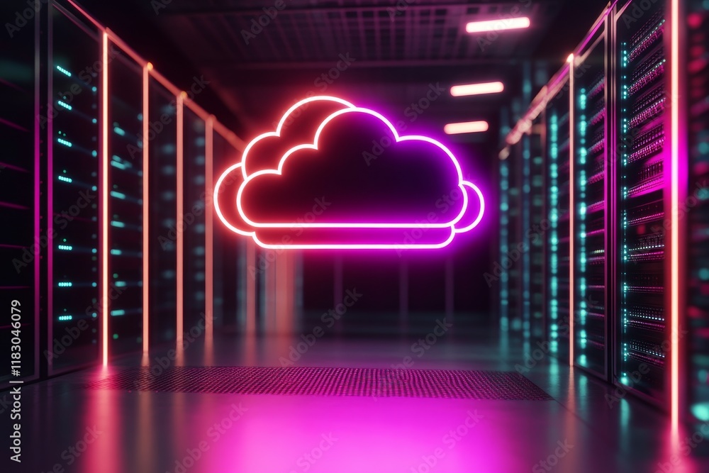 Poster neon cloud icon illuminating a data center, representing cloud computing, digital storage solutions,