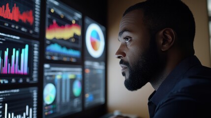 Man analyzes data on multiple screens displaying graphs and charts. Image depicts data analysis, business intelligence, and financial monitoring.