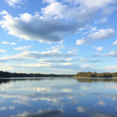 Fototapeta premium Serene tranquil lake with reflecting sky.