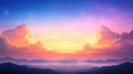 Obraz premium Clouds painted in gold hues drift over a tranquil landscape, wide-angle perspective captures the radiant twilight sky