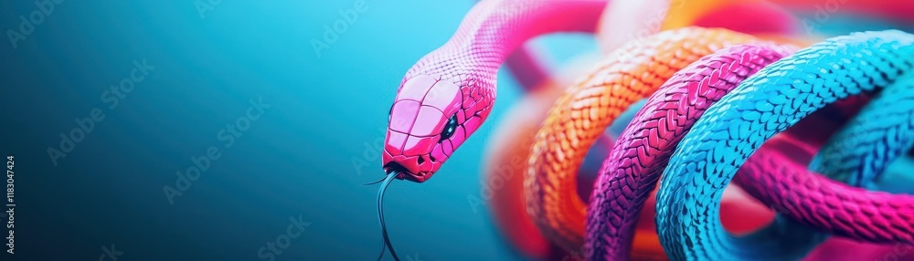 Poster colorful network cables morphing into snakes, symbolizing hidden threats in cybersecurity