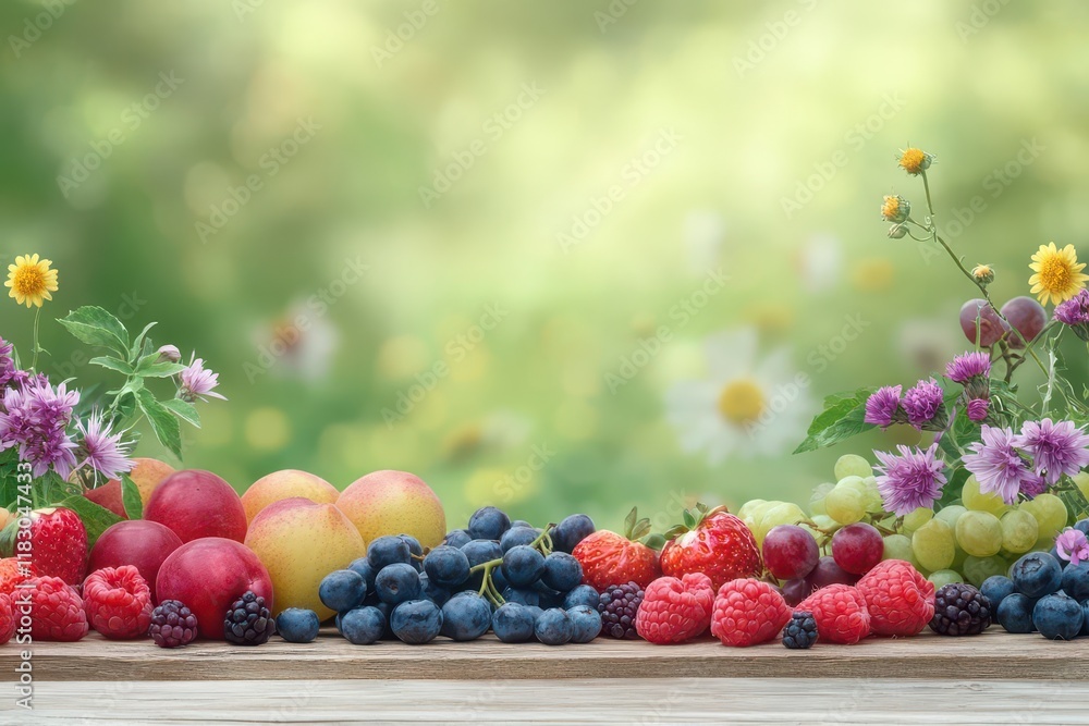 Poster vibrant display of fresh fruits and colorful flowers arranged on rustic wooden table evoking a warm 