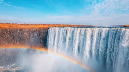 Fototapeta premium Monument cultural and iconic, A stunning waterfall cascades down, creating a mist that forms a vibrant rainbow, under a clear blue sky with golden sunlight illuminating the scene.