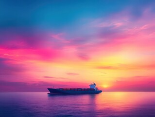 Obraz premium Colorful sky gradients enhance the scene of cargo vessels on dynamic water movements, warmly lit during the tranquil sunset