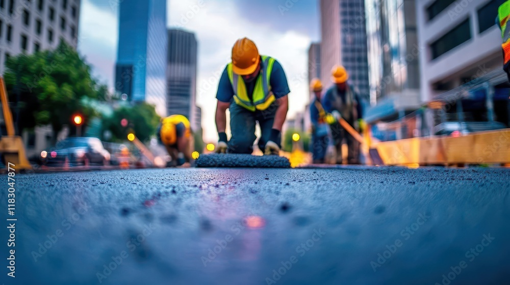 Aufkleber dedicated construction workers skillfully collaborating on road improvement project under clear blue
