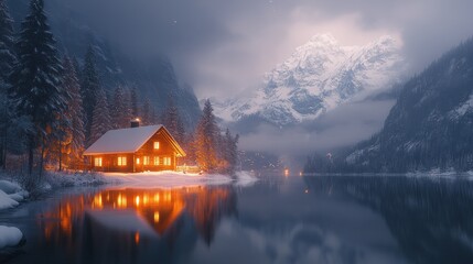 Fototapeta premium Cozy cabin by snowy lake, mountains.