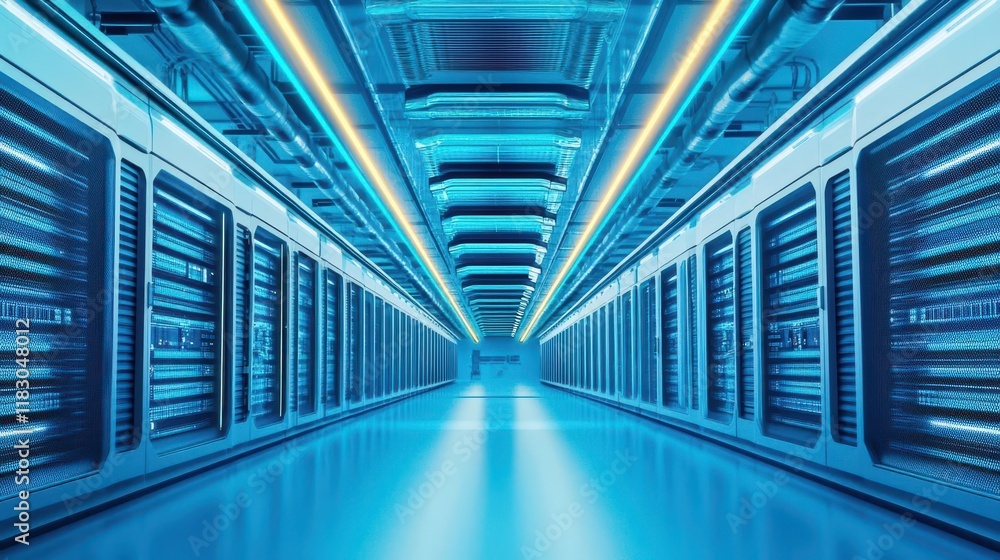 Poster cooling systems in a data center, futuristic lighting, designed for banner text