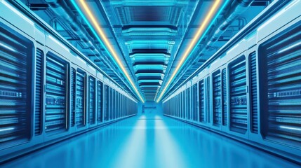 Obraz premium Cooling systems in a data center, futuristic lighting, designed for banner text