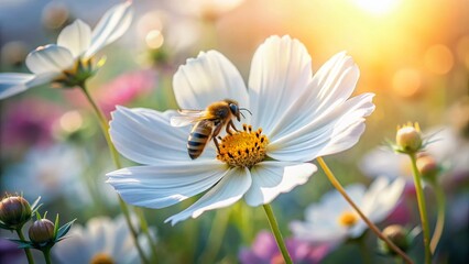 Obraz premium Long Exposure: Bee on White Cosmea Flower - Macro Photography