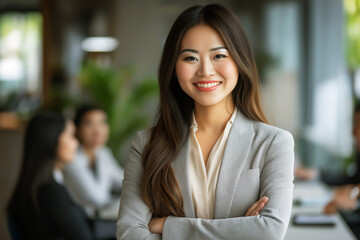 Obraz premium Young and successful Asian businesswoman smiling with arms crossed in busy modern office, copy space