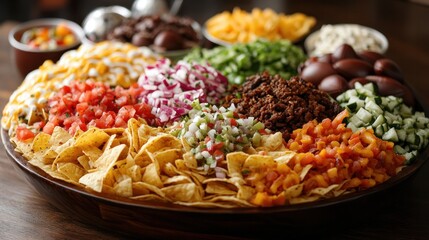 Colorful and Delicious Arrangement of Mexican and Tex Mex Appetizers Including Nachos Salsa Guacamole Olives Vegetables and Meat Served on a Rustic Wooden Platter for a Picnic Setting