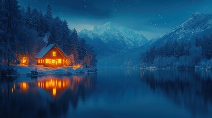 Fototapeta premium Cozy cabin glowing at night, snow-covered landscape, lake reflection.