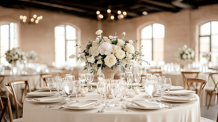 Elegant Wedding Reception with White Tables and Flowers