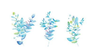 水彩画。水彩タッチのベクター草木背景。水色のグラデーション草木フレーム。Watercolor painting. Vector grass tree background with watercolor touch. Light blue gradient grass tree frame.