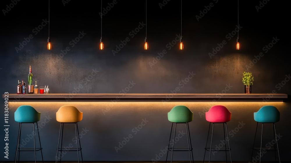Aufkleber vibrant and inviting bar interior featuring three colorful stools surrounding a rustic wooden table 