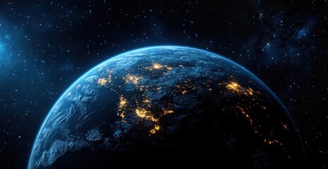 Obraz premium Surrealist Illustration of Earth from Space with Glowing City Lights and Ambient Star Light