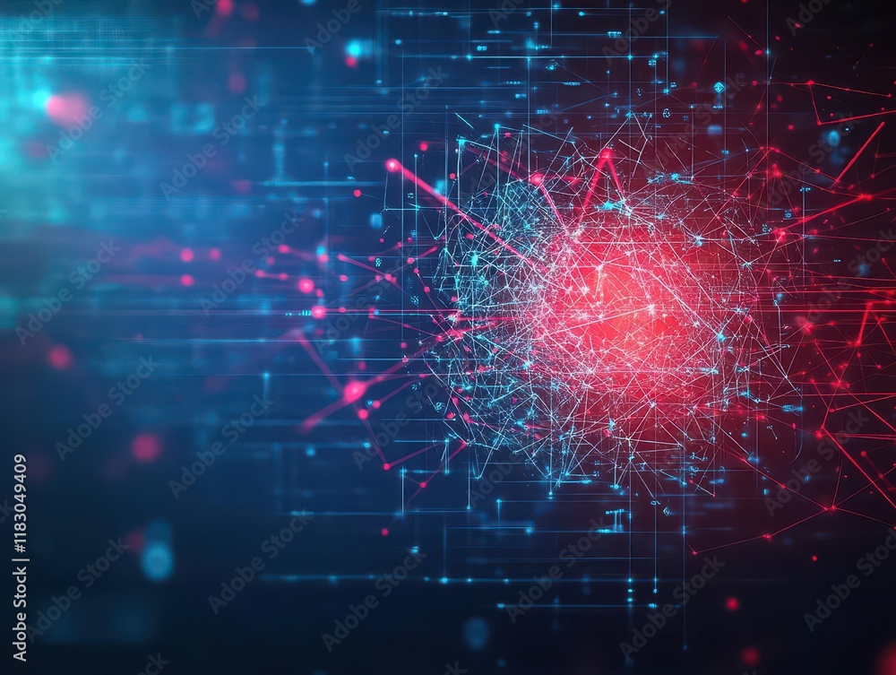 Poster Cyber defense in action, represented by an abstract force field clashing against sharp red attack vectors