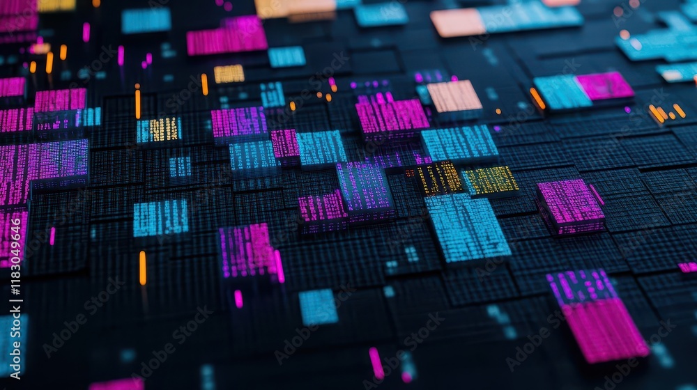 Poster Data breaches illustrated by broken binary codes spilling across a black canvas, vibrant protective layers in contrast