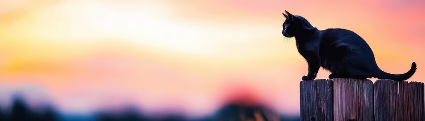 Naklejka premium Dark silhouette of a cat balancing on a wooden fence against a dramatic sunset sky, high contrast and striking, cat on wooden fence, dramatic visuals