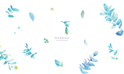 水彩画。水彩タッチのベクター草木背景。水色のグラデーション草木フレーム。Watercolor painting. Vector grass tree background with watercolor touch. Light blue gradient grass tree frame.