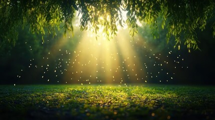Naklejka premium Delicate light flickers through a willow tree, creating patterns on the ground below, taken from a soft, intimate perspective