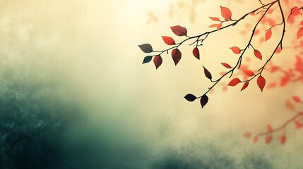 Red Autumn Leaves on Branch Against Misty Background