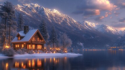 Fototapeta premium Cozy cabin nestled in snowy mountains by a lake at sunset.
