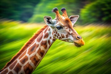 Obraz premium Long Exposure Giraffe Head, Green Grass, Wildlife Photography, African Savannah