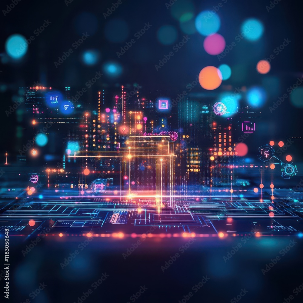 Poster Futuristic Cityscape with Neon Glowing Lights and Intricate Circuit Patterns Illustrating Advanced Technology in a Vibrant Urban Environment at Night