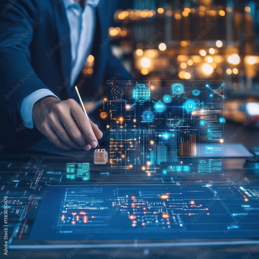 Poster Professional Man in Elegant Suit Engaged with Advanced Digital Interface Displaying Data Analysis and Modern Technology in a Minimalist Workspace