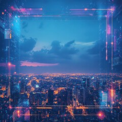 Fototapeta premium Vibrant Cityscape at Night Featuring Illuminated Neon Lights with a Square Frame Creating a Modern Urban Atmosphere and Dynamic Visual Energy