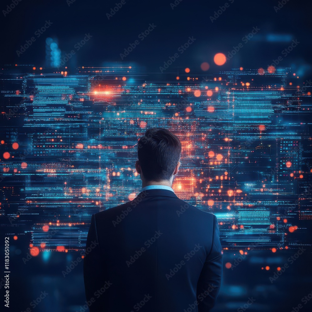 Aufkleber Confident Businessman in Tailored Suit Engaging with Futuristic Digital Interface Surrounded by Abstract Technology Background in Modern Office Setting