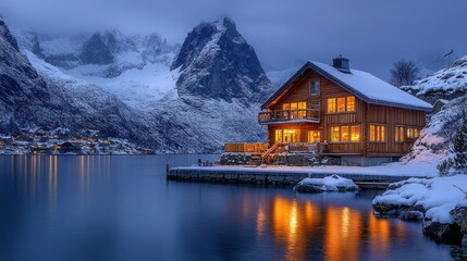 Fototapeta premium Cozy cabin nestled in snowy mountains.
