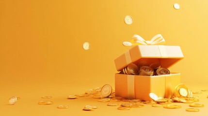 3D open gift box surprise with gold coins. loyalty program and get rewards, Money prize reward. Casino or Online game winner. 3d rendering. Vector illustration