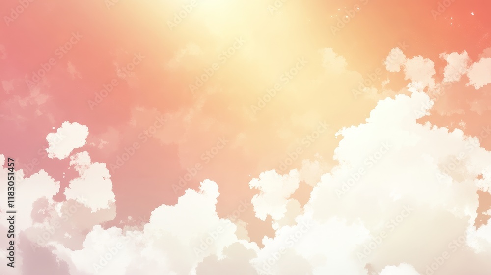 Poster serene background of soft clouds in a colorful sky with gentle sunlight streaming through, creating 