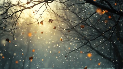 Sunlit winter forest with falling leaves and snow.