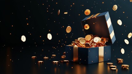 3D open gift box surprise with gold coins. loyalty program and get rewards, Money prize reward. Casino or Online game winner. 3d rendering. Vector illustration