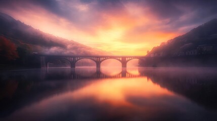 Fototapeta premium Serene Sunrise Bridge Over Misty River Valley