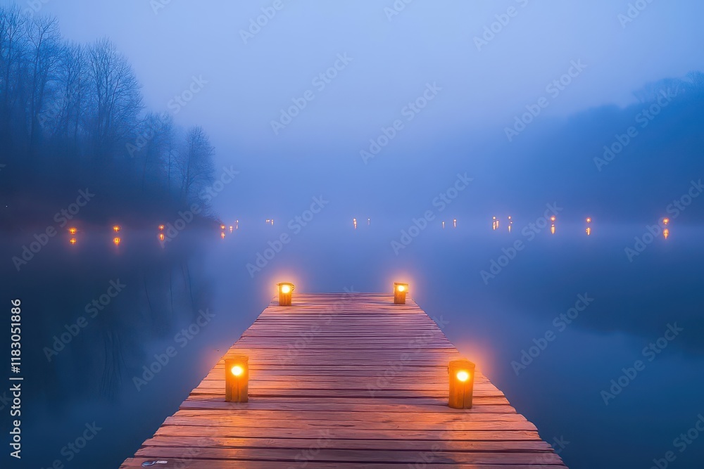 Aufkleber romantic evening by the water with softly glowing candles on a rustic dock surrounded by calm waters