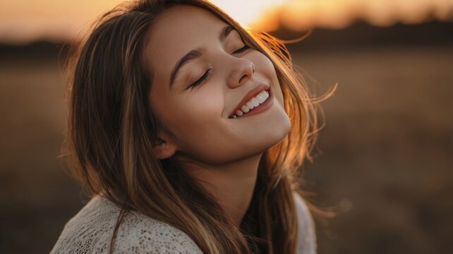 Girl smiling with closed eyes during sunset, peaceful and serene concept