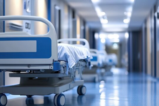 Hospital corridor, empty beds, healthcare, sterile, recovery, medical, treatment,  clean, bright lighting, patient care