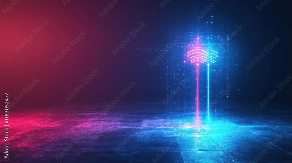 Poster vibrant neon light illuminating dim interior space creating a striking contrast between brightness a