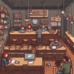 Pixel art depicting a cozy library scene with friends sharing knowledge.