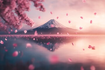 Serene Landscape of Cherry Blossoms and Mt. Fuji Under a Soft Pink Sky at Sunrise, Capturing Tranquility and Natural Beauty in Japan's Scenic Heritage