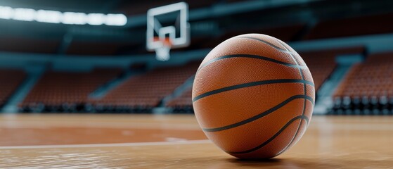 Naklejka premium A close-up of a basketball resting on the court, with a blurred hoop in the background, capturing the essence of the sport in an indoor arena.