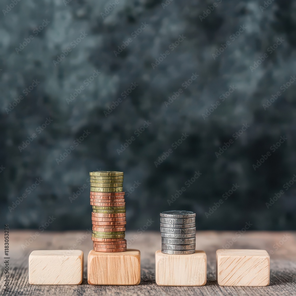Poster close up of a stack of coins resting on wooden blocks in a brightly lit room representing financial 