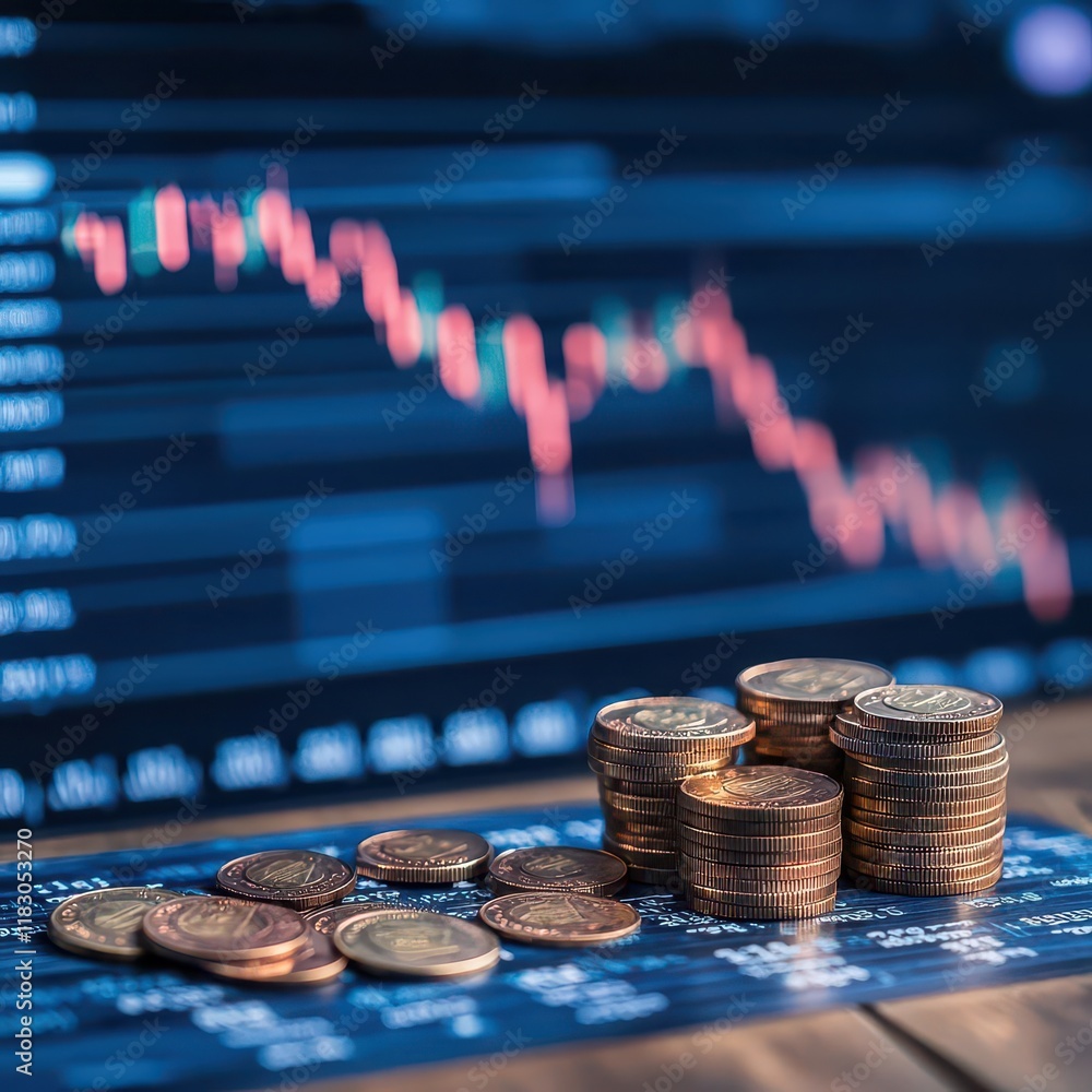 Poster a close-up view of stacked coins and financial chart on a wooden table representing economic growth 