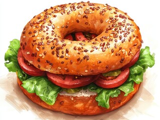 Creating a gourmet bagel sandwich modern kitchen digital art bright environment elevated perspective culinary delight