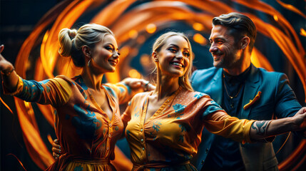 Obraz premium Happy two women and a man dancing at a disco bar. Nightlife of modern people