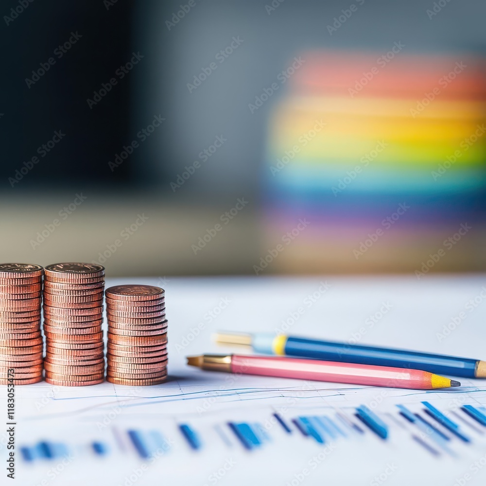Poster Closeup of Shining Coins Stacked Neatly with a Sleek Pen Resting on Top Creating an Elegant Financial Concept Representing Wealth and Prosperity